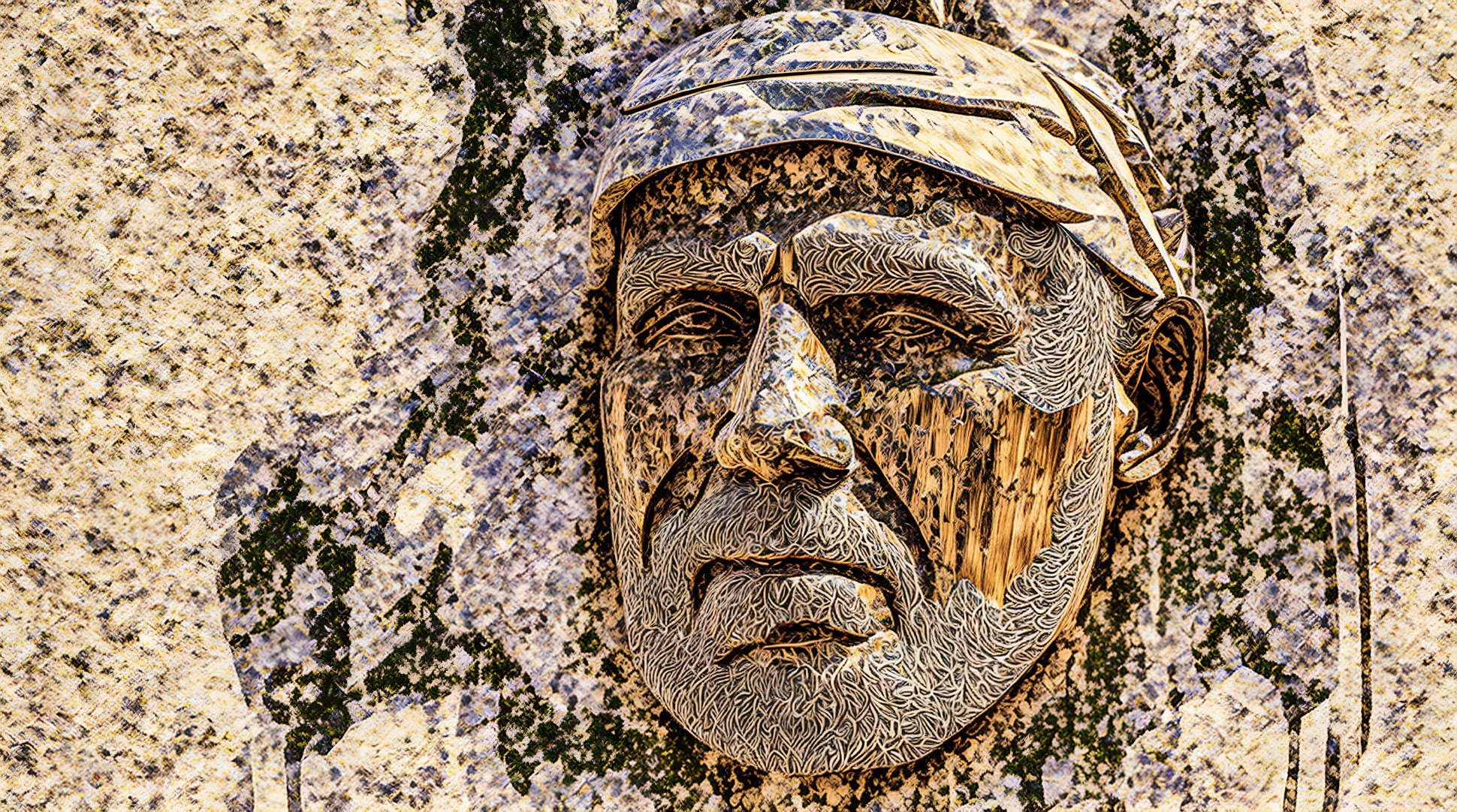 Metallic Face Sculpture with Detailed Textures on Speckled Stone Background