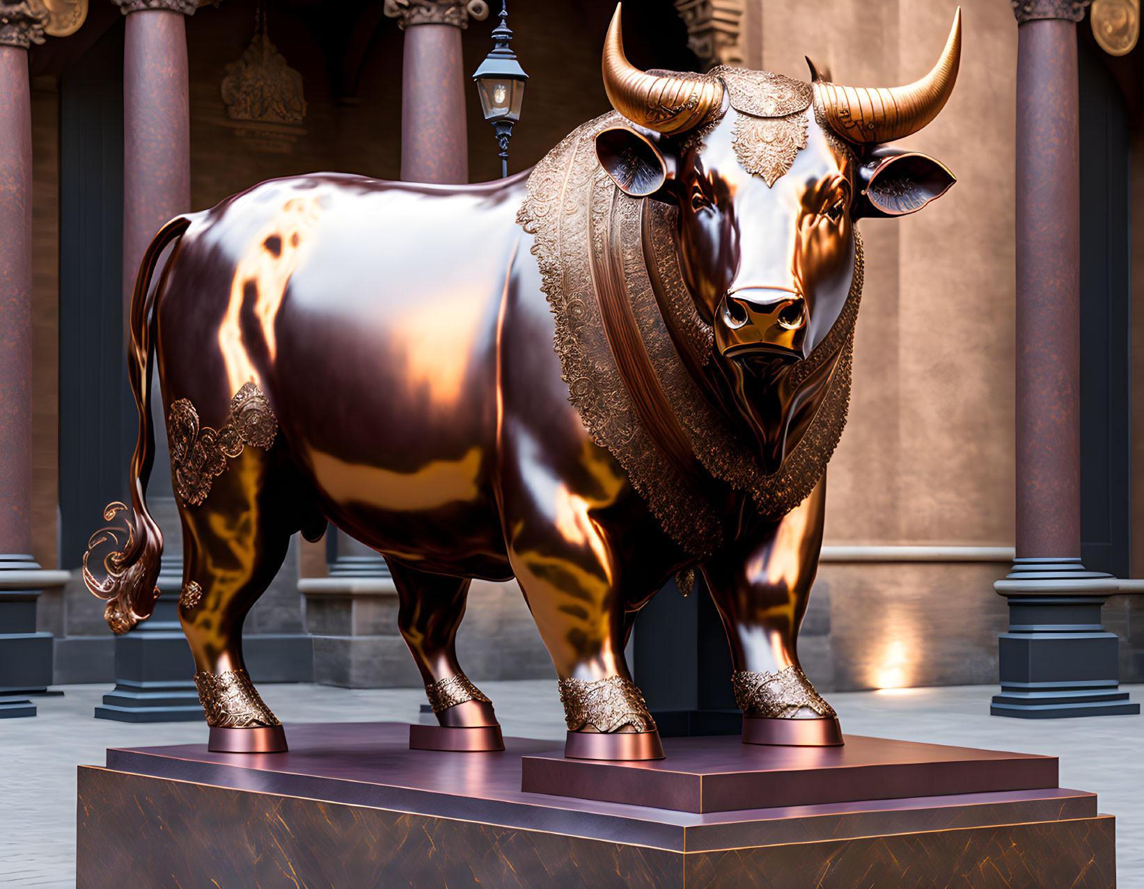 Shiny metallic bull statue with gold embellishments in grand hall