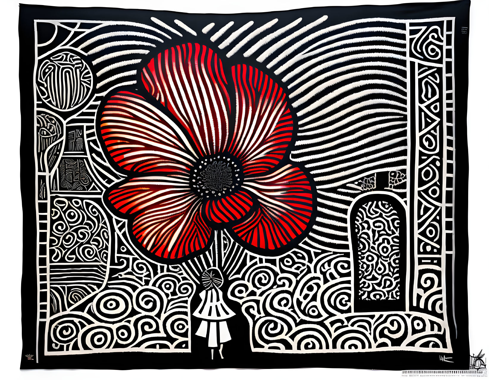Monochromatic tapestry featuring red poppy and intricate patterns