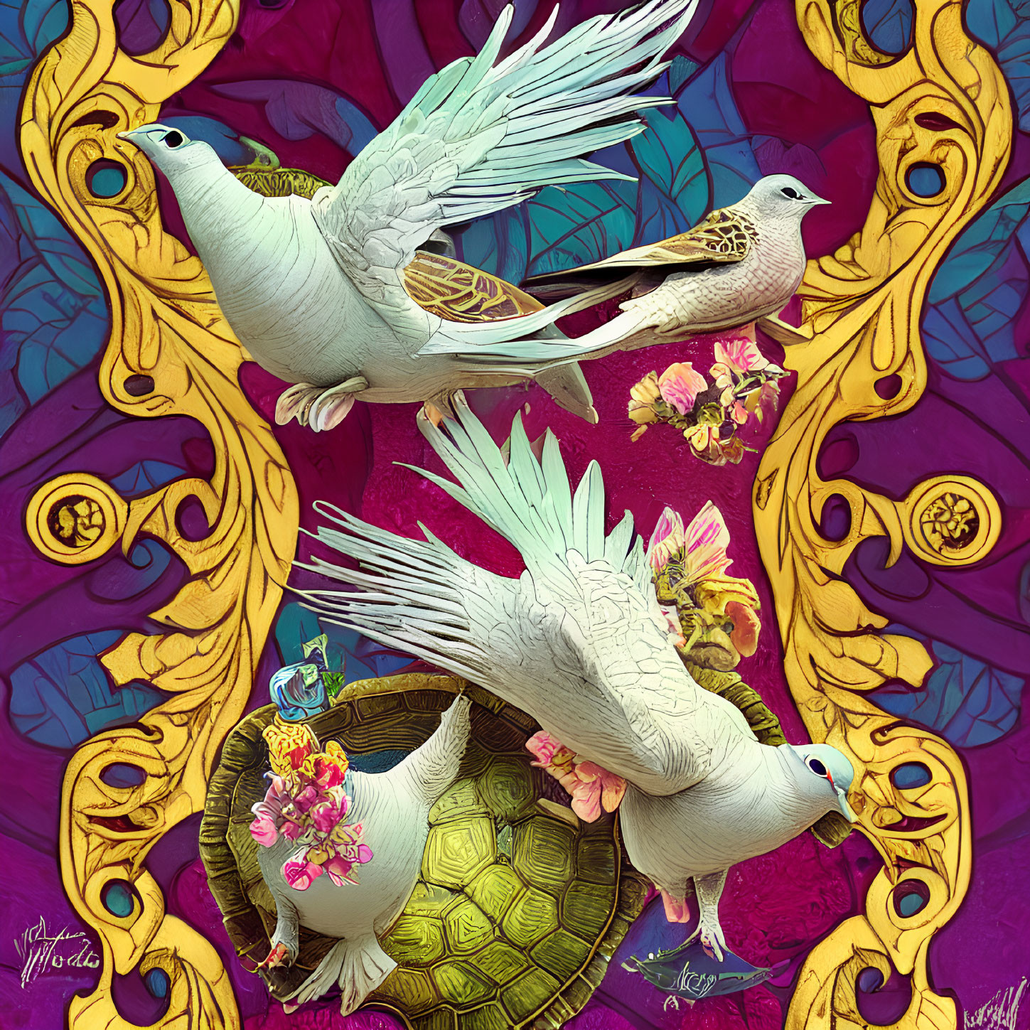 Intricate Artwork: Three White Doves in Flight on Purple and Gold Background