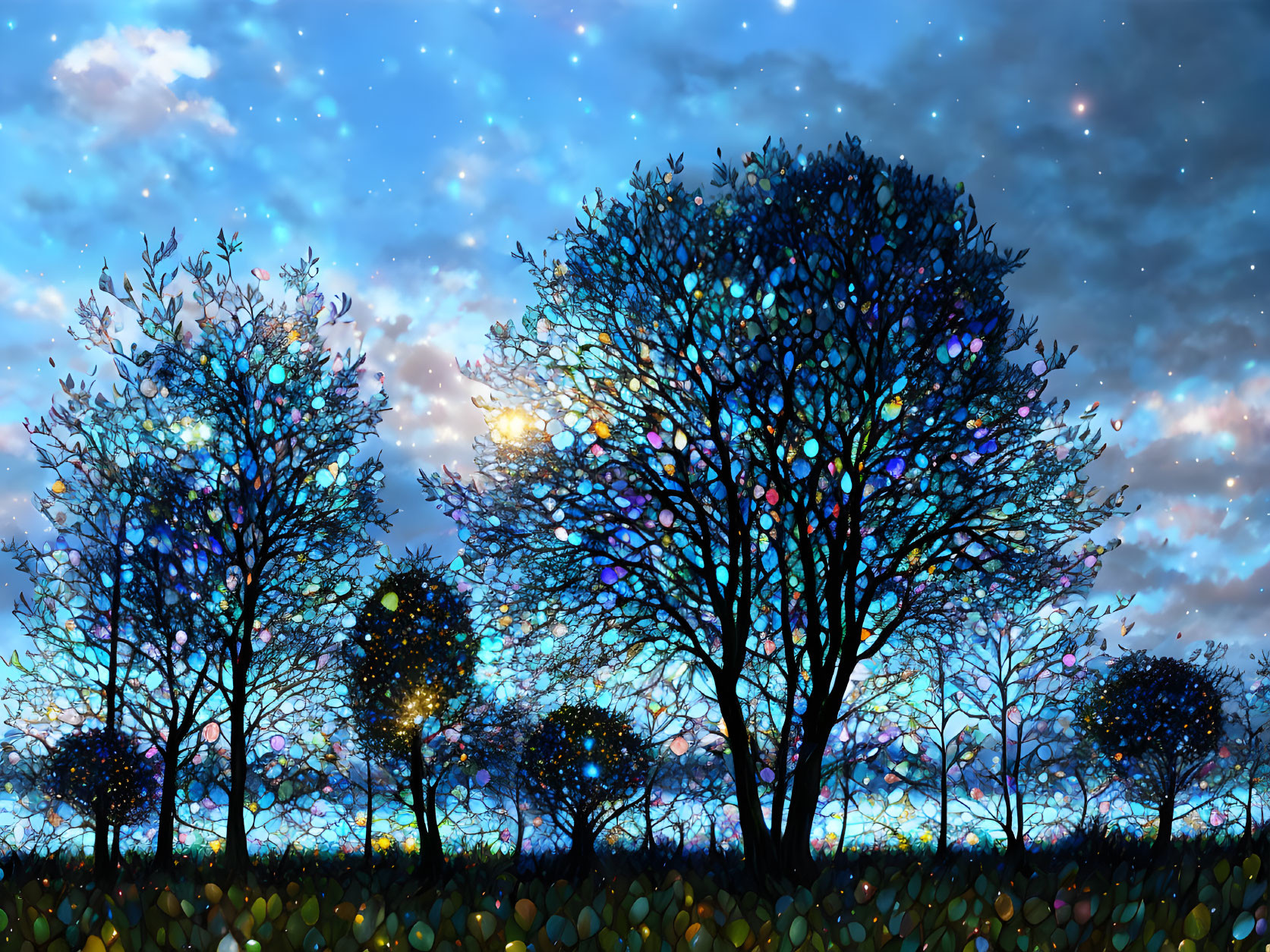 Colorful Trees Under Starry Night Sky with Moon and Glowing Foliage