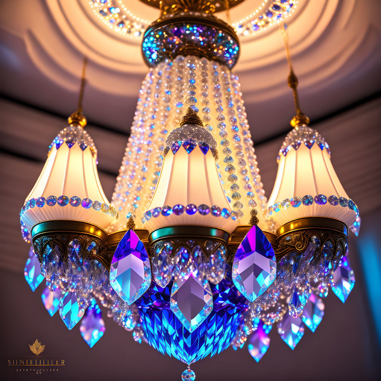 Crystal Bead Chandelier with Purple Pendants and Lampshades against Cream Ceiling