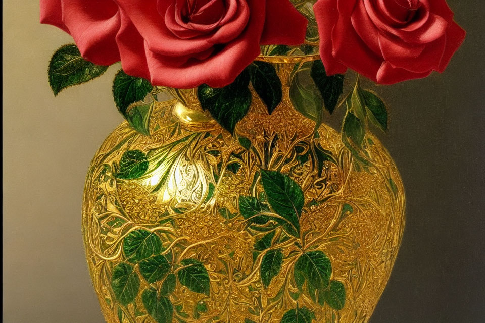 Golden ornate vase with red roses bouquet and green leaves