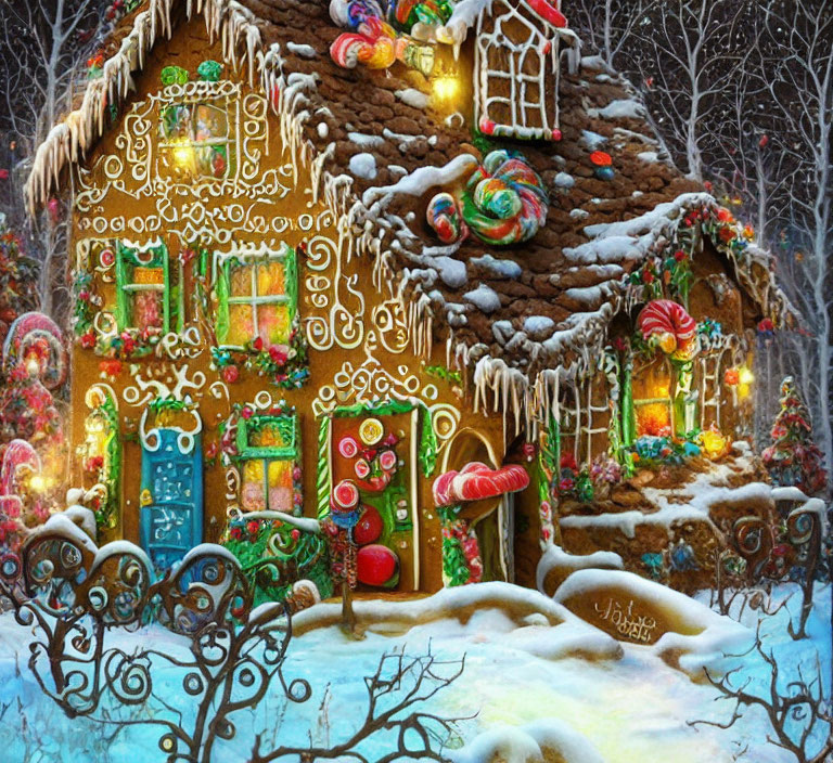 Colorful Candied Gingerbread House in Snowy Forest