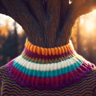 Colorful knitted tree cozy on tree trunk with forest background