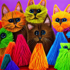 Vibrant Illustration of Five Cats in Colorful Textured Coverings