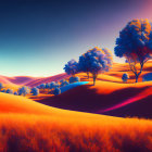 Colorful landscape with rolling hills and trees under a transitioning sky.