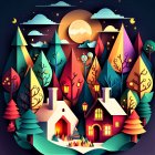 Colorful Stylized Forest with Oversized Leaves & Whimsical Shapes