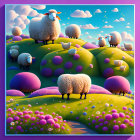 Colorful Sheep Illustration on Rolling Hillside with Flowers and Sky