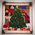 Festive Christmas quilt with green tree, golden baubles, wrapped gifts, and holiday motifs
