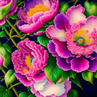 Colorful digital artwork featuring pink and purple peonies on a dark background.