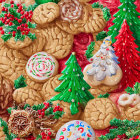 Festive Christmas cookies with icing, candy canes, holly, and evergreen trees