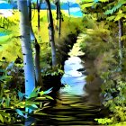 Digital painting of forest path to sunlit clearing surrounded by greenery & blue skies
