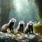 Five raccoons in vibrant forest with birds under moon