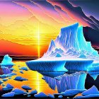 Vibrant painting of large iceberg at sunset with radiant sky and sunbeam.