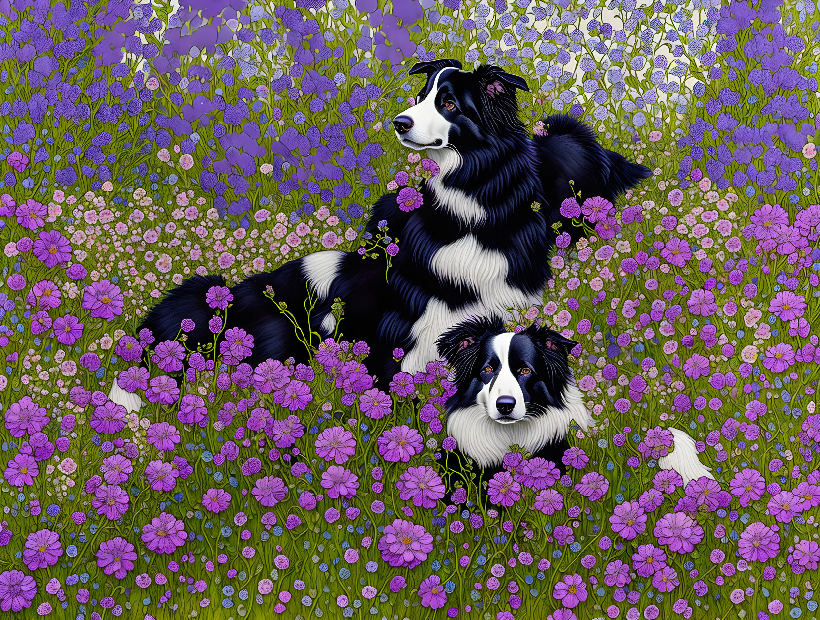 border collies in a field of purple flowers