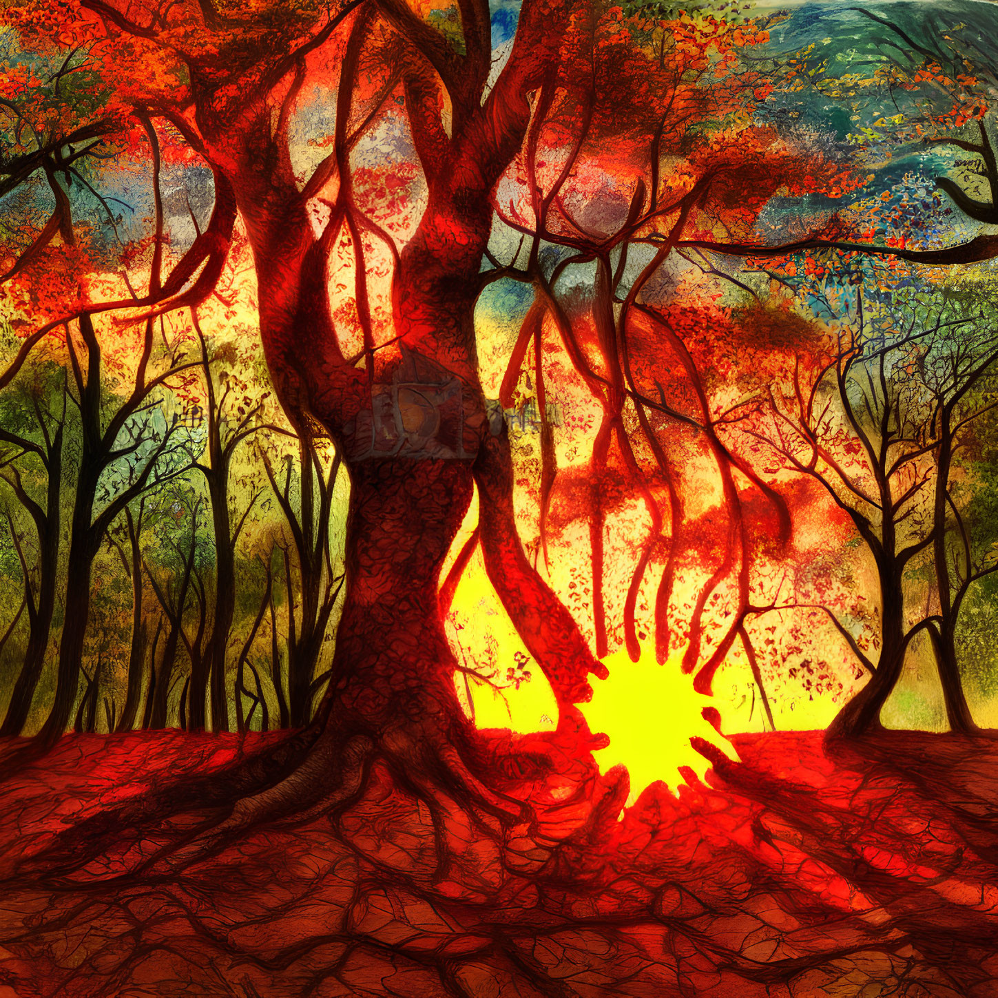 Colorful autumn forest painting with dominant red tree and warm sunlight.