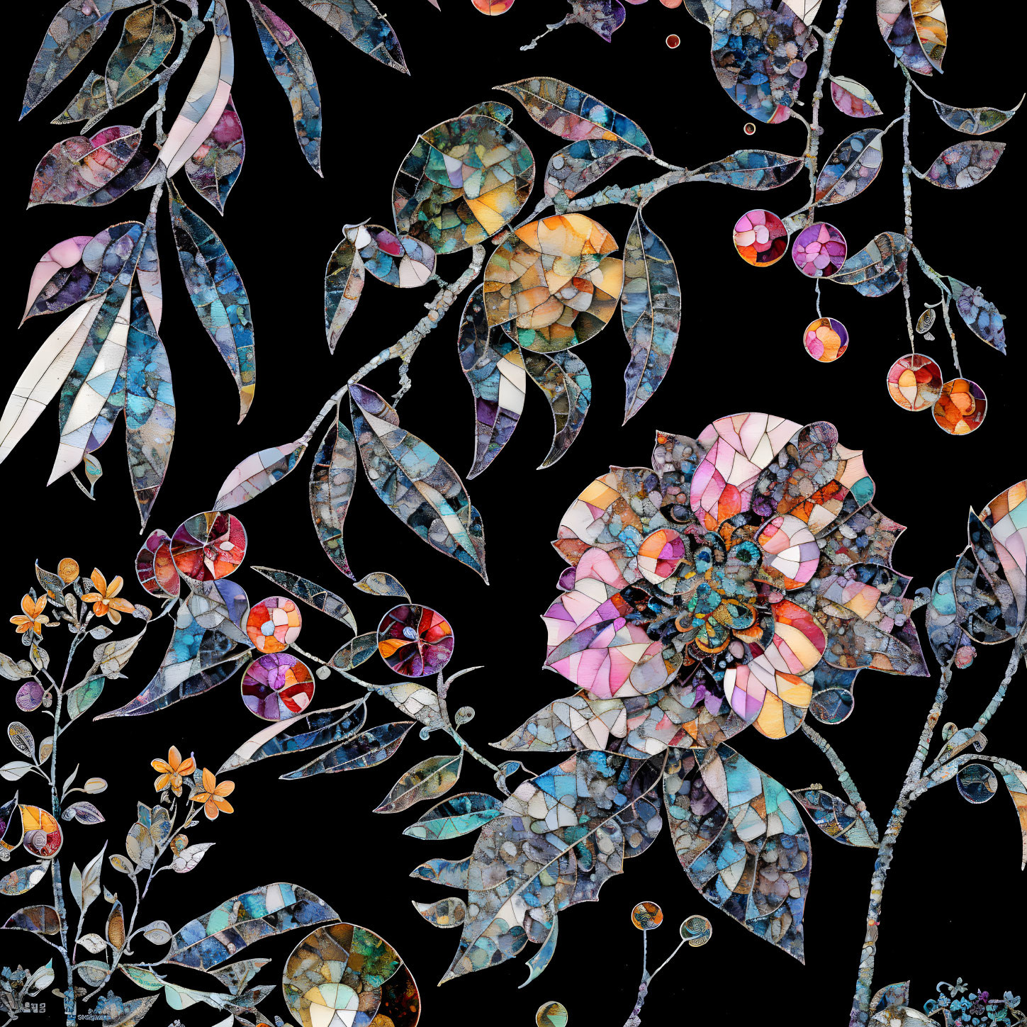 Colorful Stained Glass Flowers and Leaves on Black Background