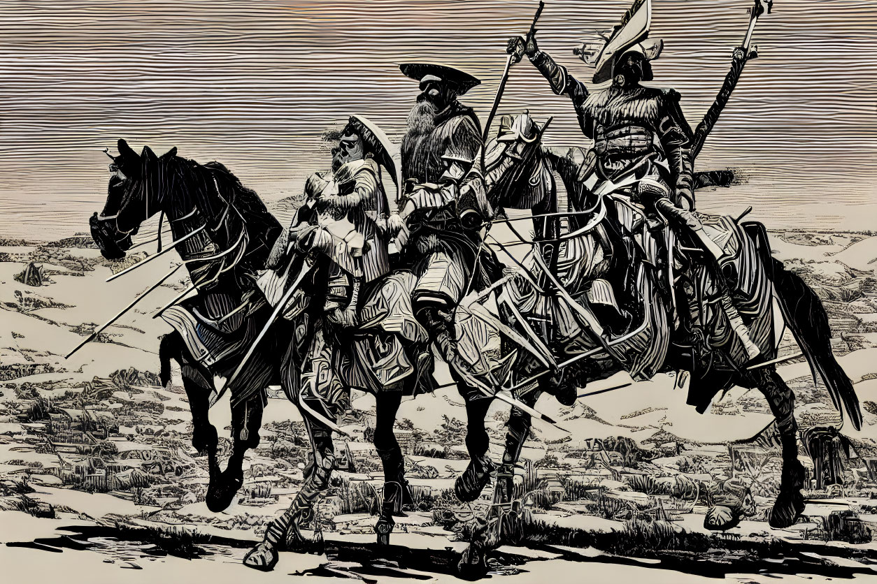 Medieval knights on horseback with lances in black and white engraving