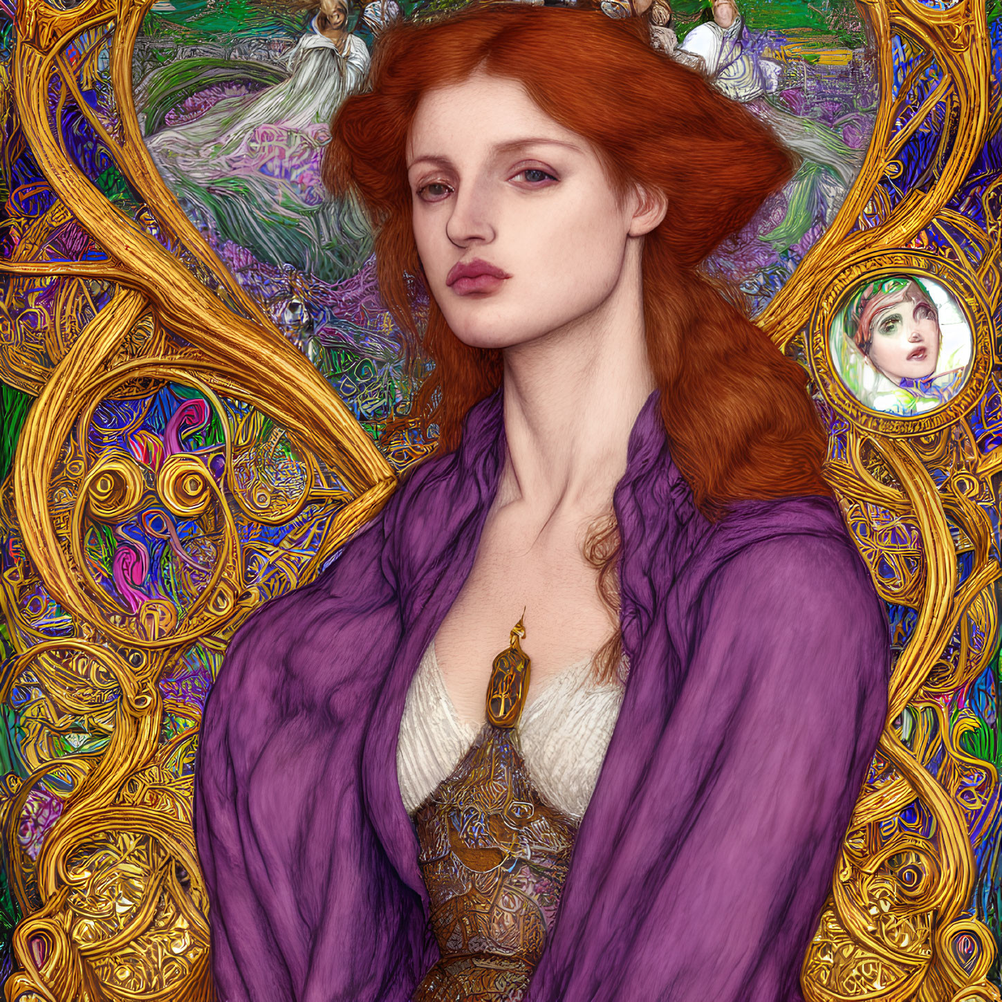 Art Nouveau Image of Woman with Red Hair and Decorative Patterns
