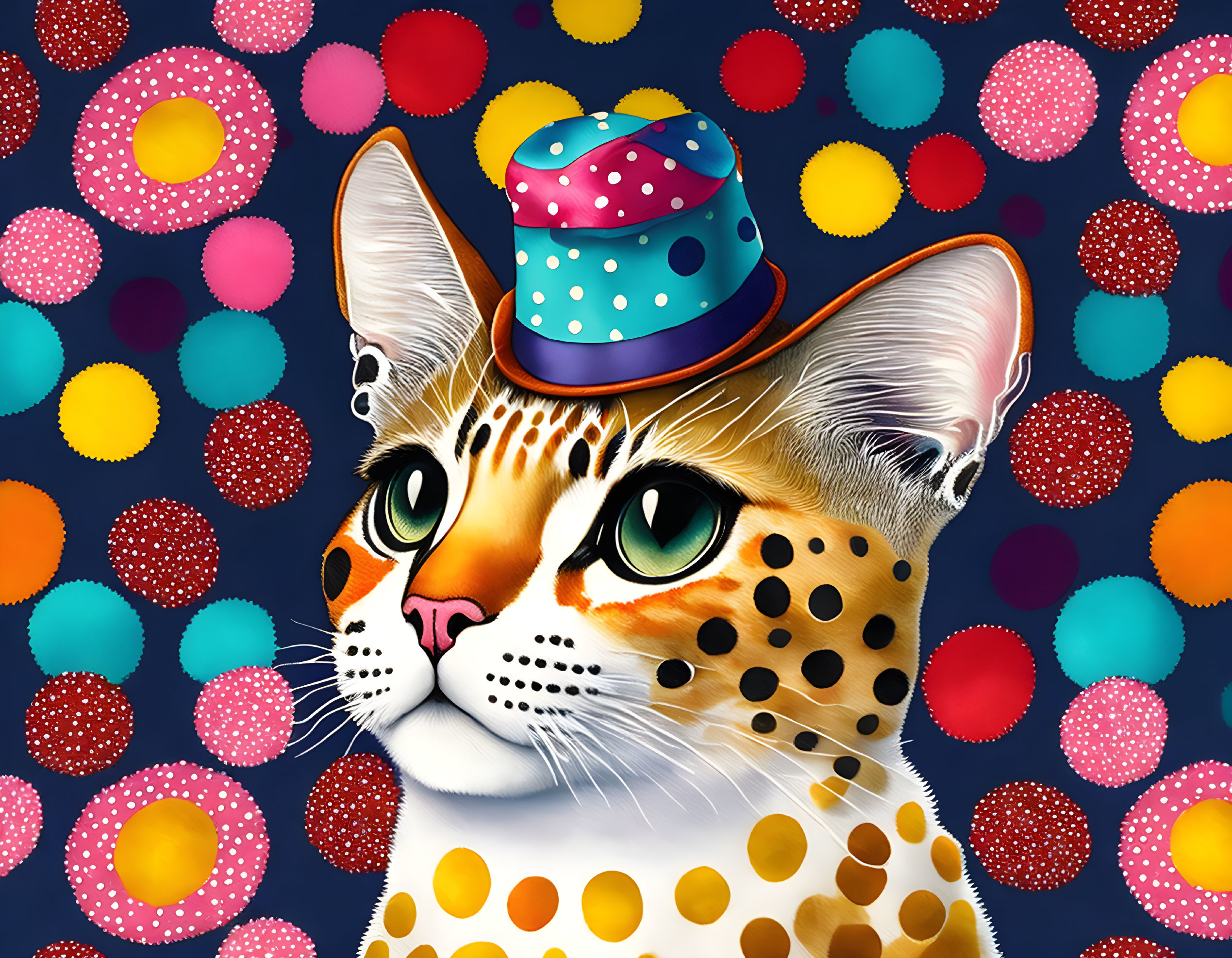 polka dot cat with a polka dot hat