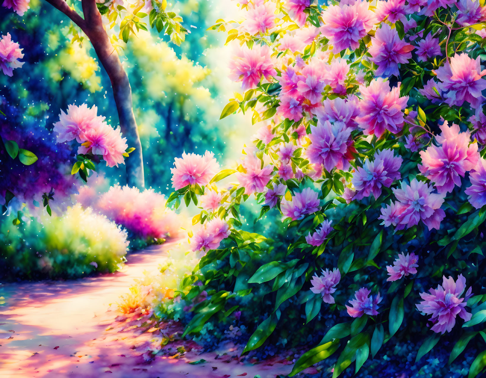 Lush Garden Path with Pink Blooming Flowers