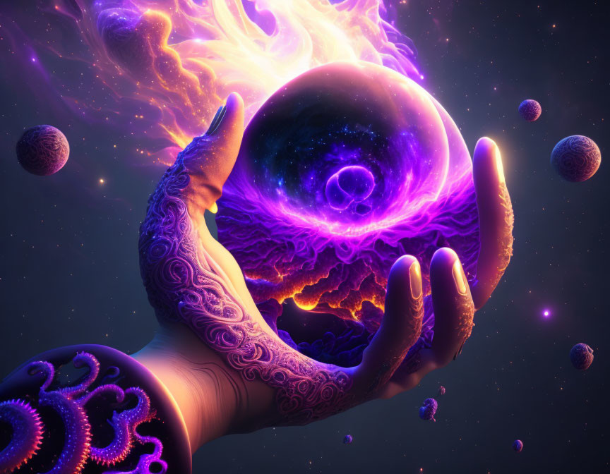 Purple-patterned hand holding glowing galaxy orb in cosmic scene