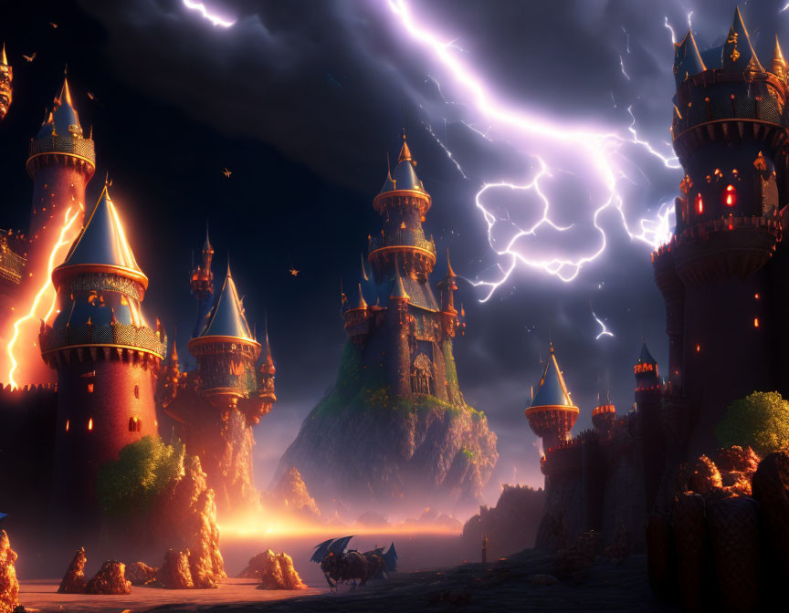 Majestic fantasy castle illuminated by lightning at night with rocky terrain and approaching carriage