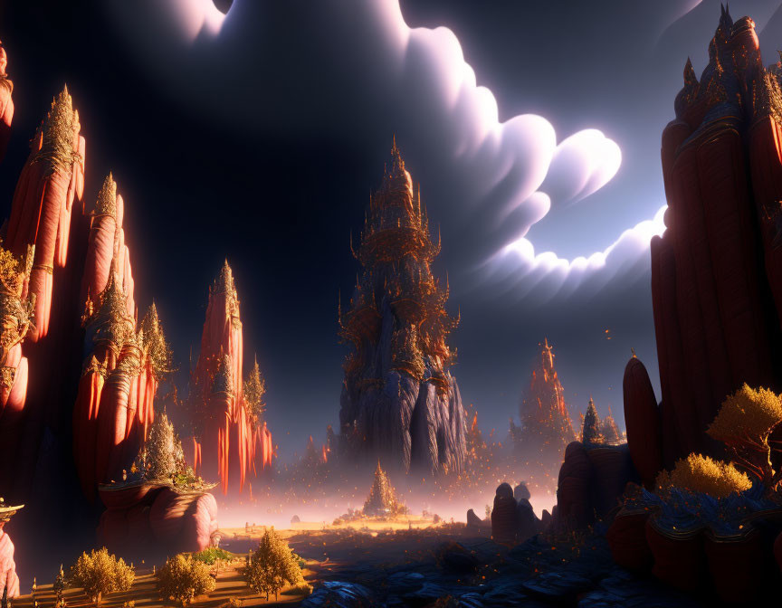 Alien landscape at dusk with towering rock formations