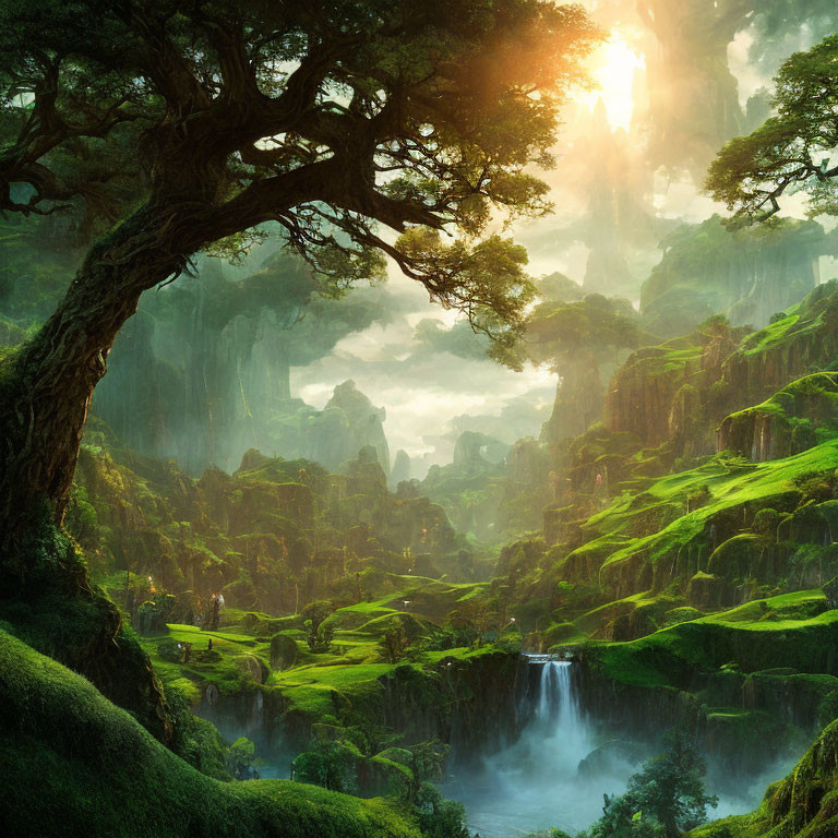 Majestic tree in lush green landscape with waterfalls & sunlight glow