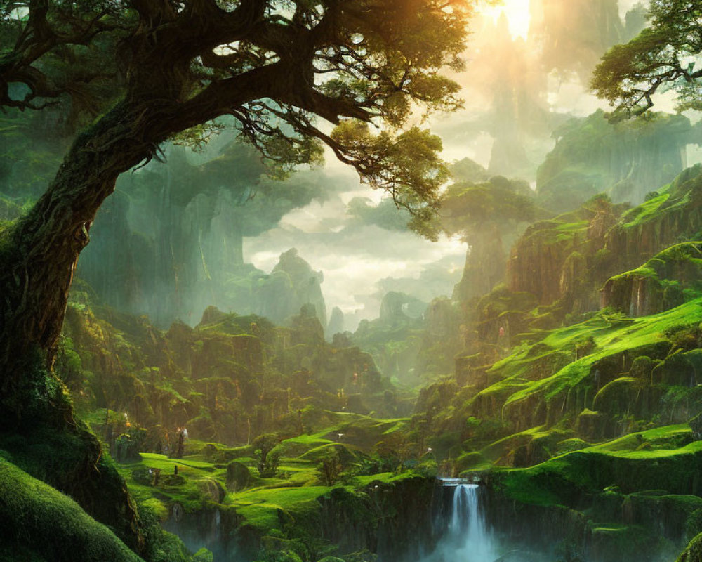 Majestic tree in lush green landscape with waterfalls & sunlight glow