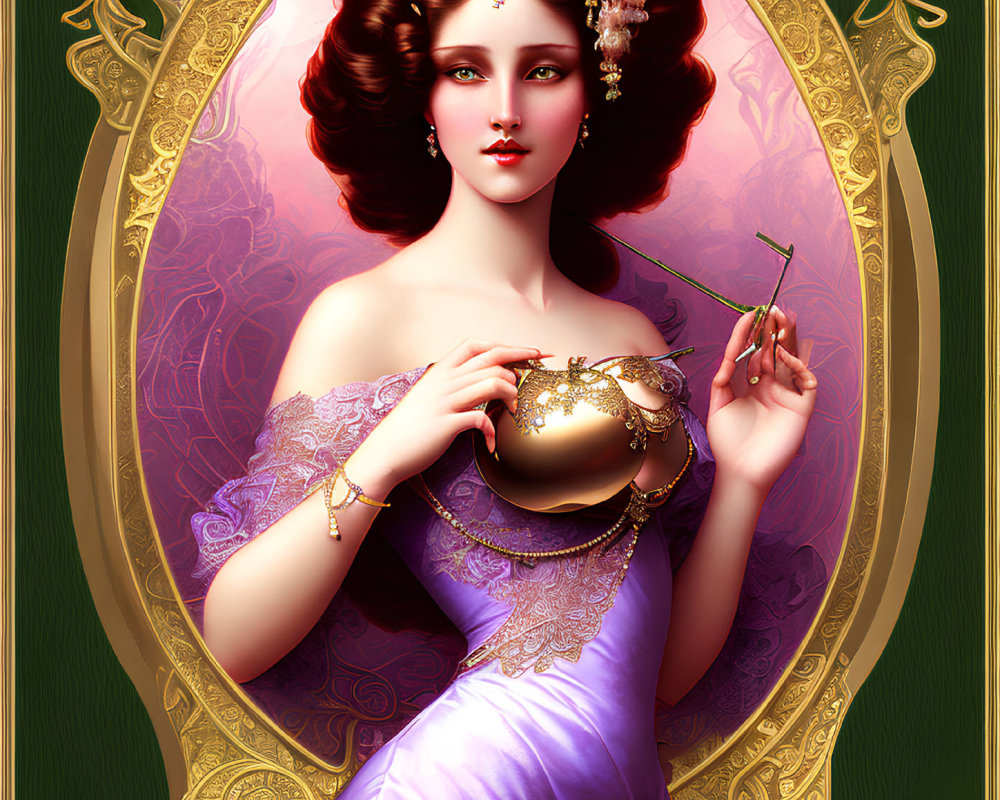 Brown-haired woman in gold frame with purple dress and heart locket