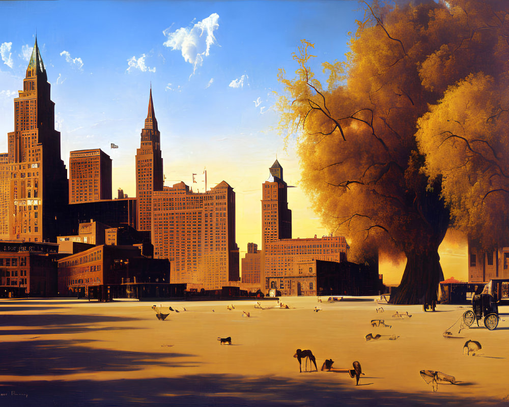 Surreal cityscape painting with animals and tree in golden hues