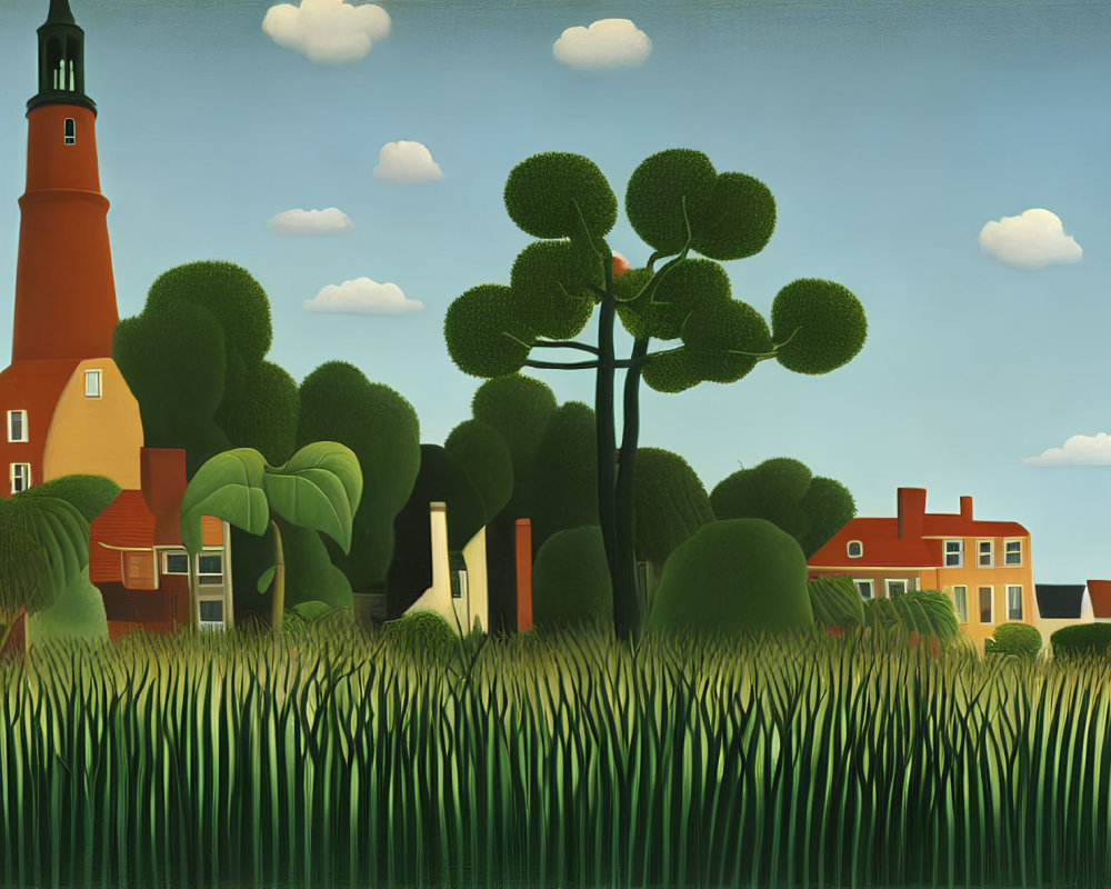 Stylized landscape with red lighthouse, green trees, houses, tall grass