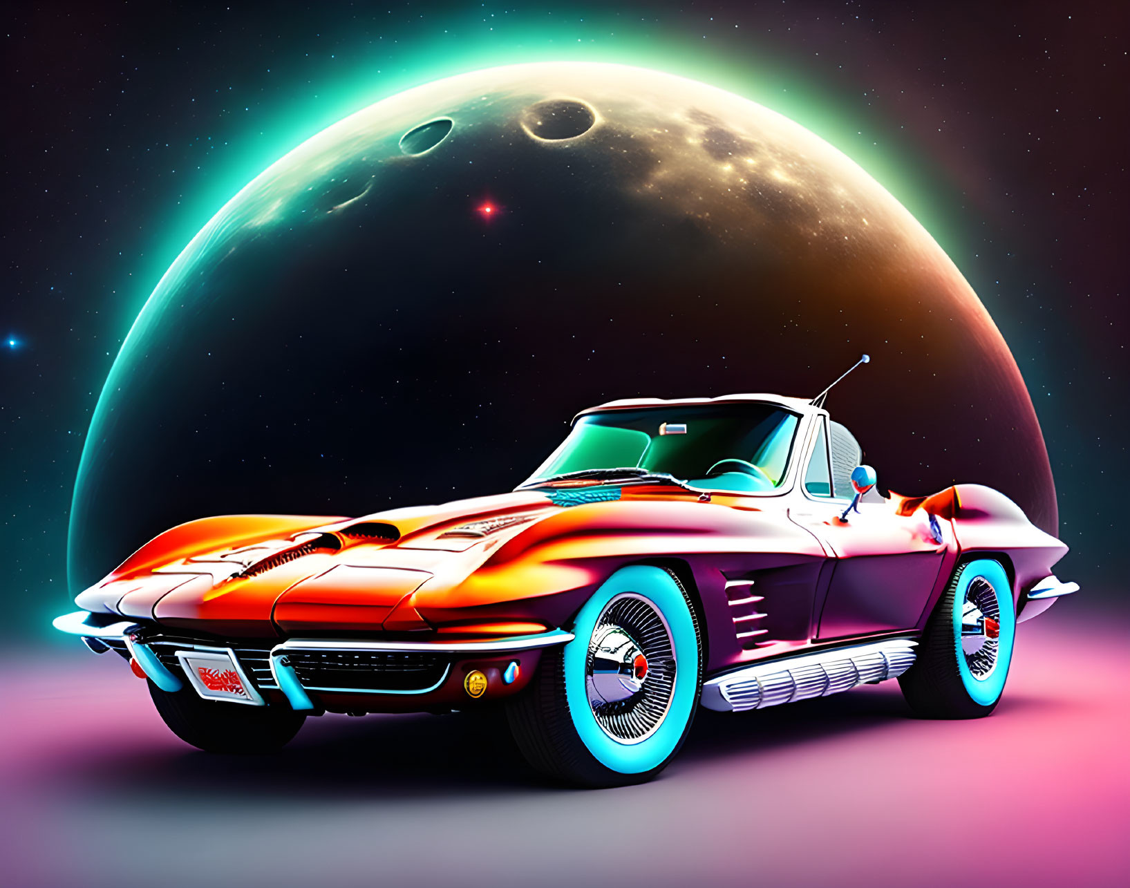 Vintage Corvette Convertible with Cosmic Background and Planet