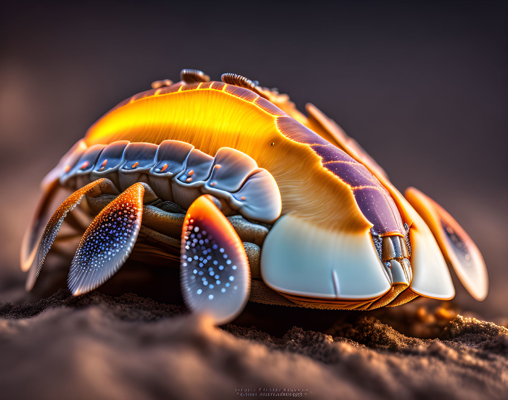 Colorful Crab with Orange and White Shell Resting on Sand in Warm Light