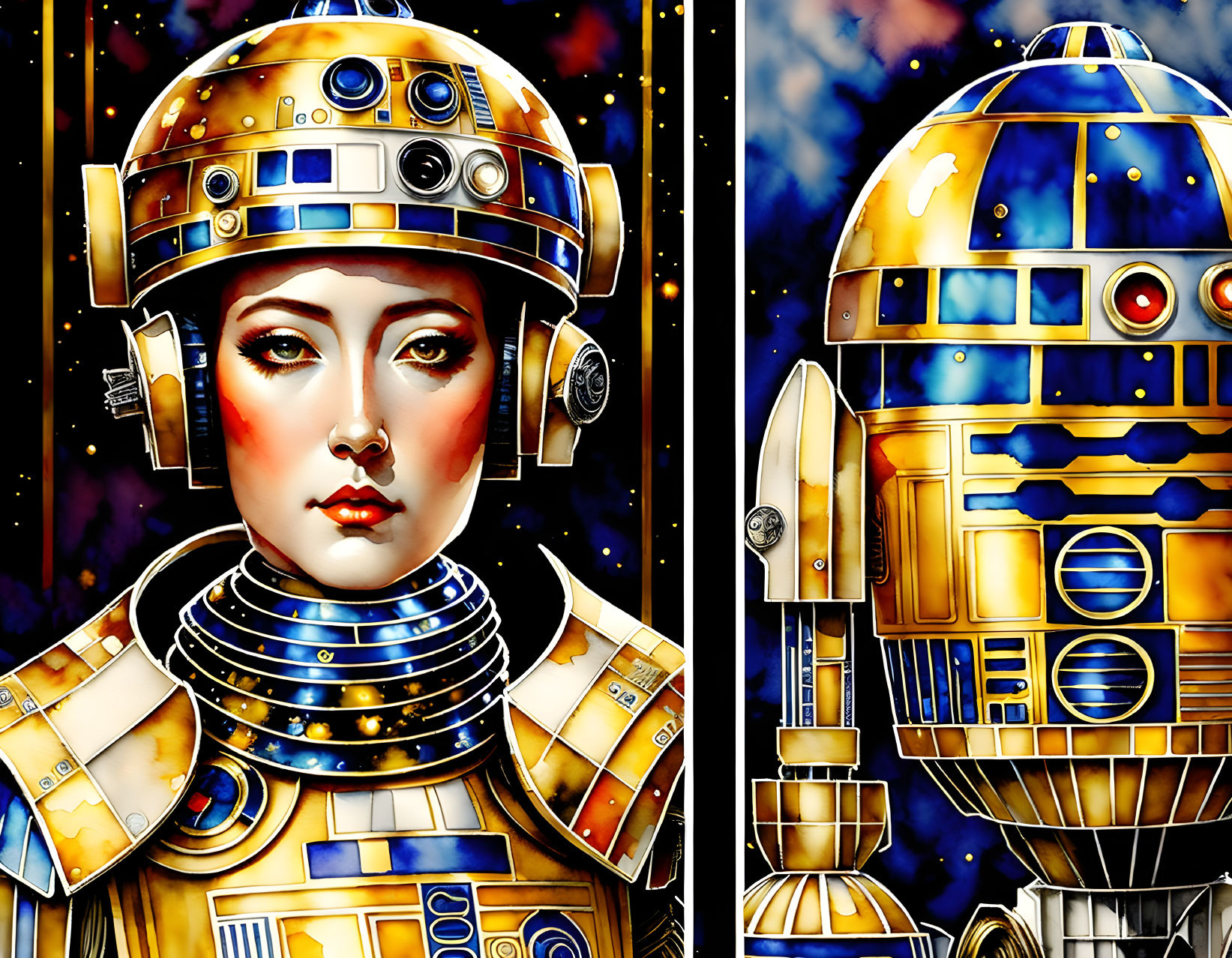 Golden-patterned robot figures resembling a female and sci-fi droid in space