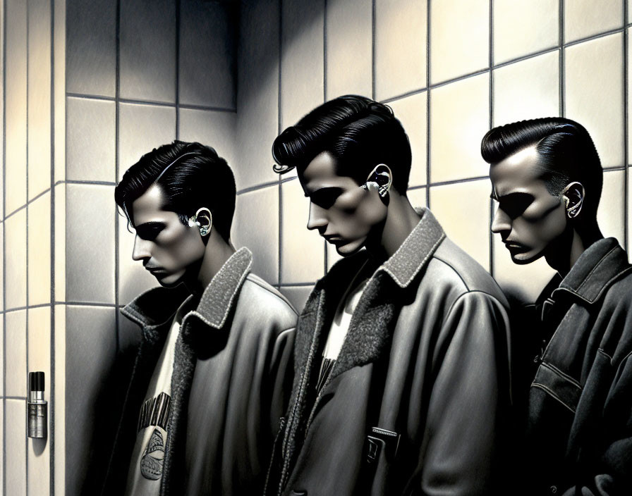 Stylized male figures in leather jackets with slicked-back hair.