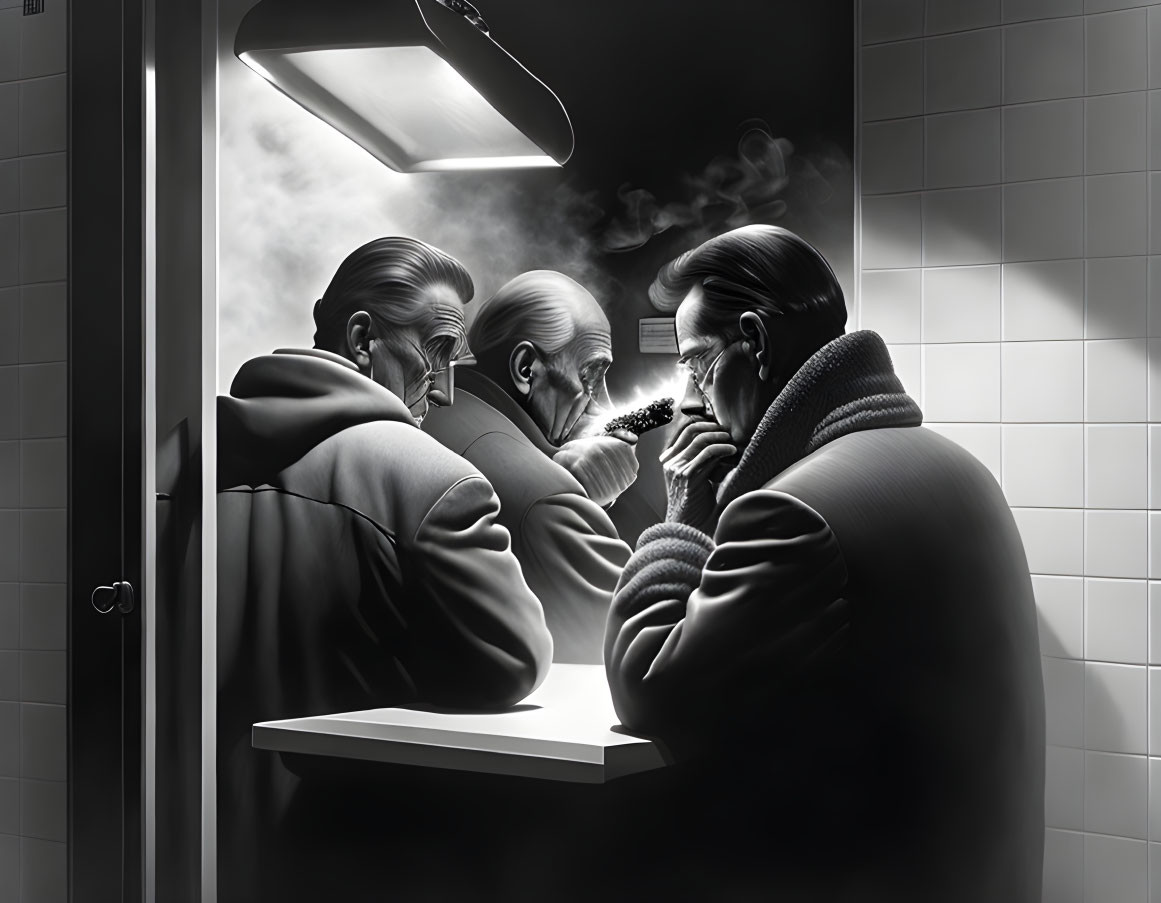 Grayscale image of man smoking with reflection showing older self