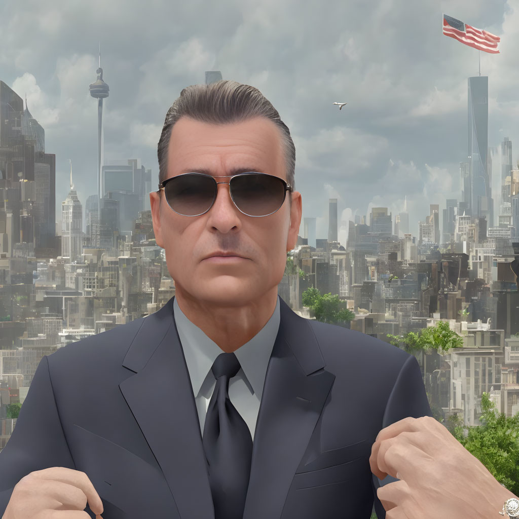 Confident man in dark suit with sunglasses against city skyline