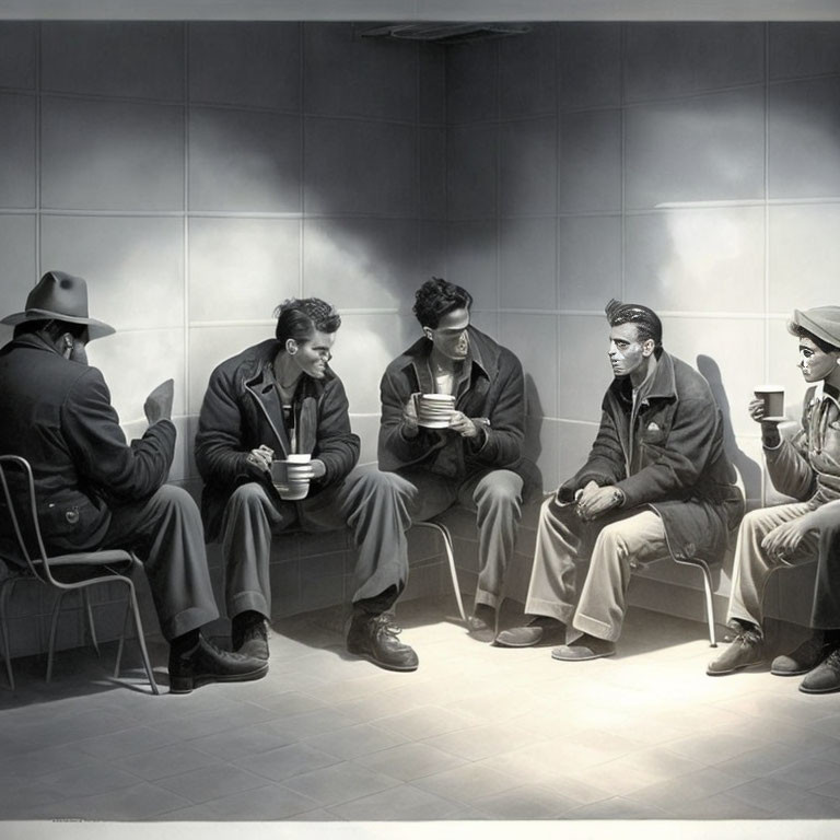 Monochrome illustration of five men seated with cups in tiled room