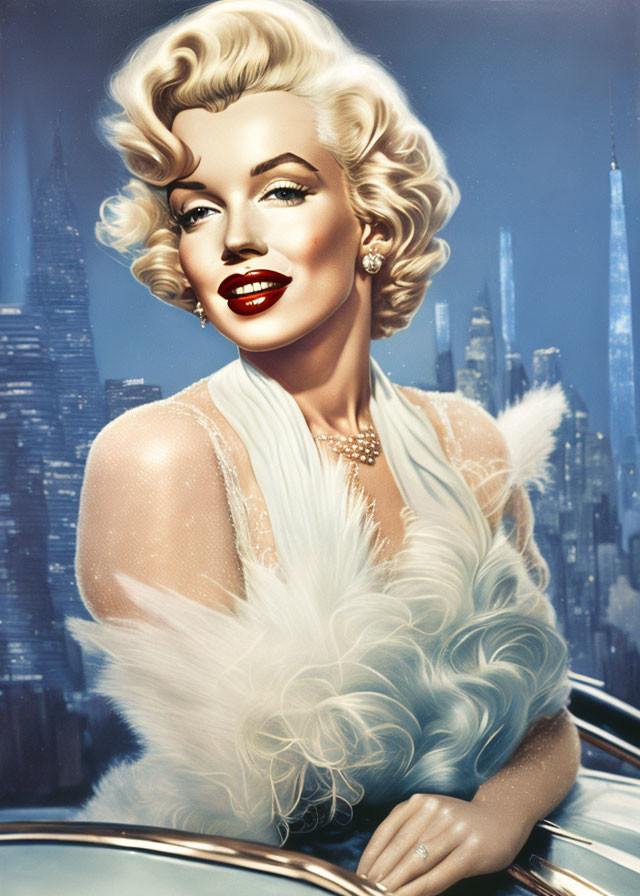 Blonde Woman in White Fur Outfit with City Skyline Illustration