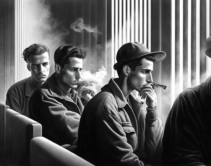 Monochrome illustration of four men with 50s haircuts in a vintage setting