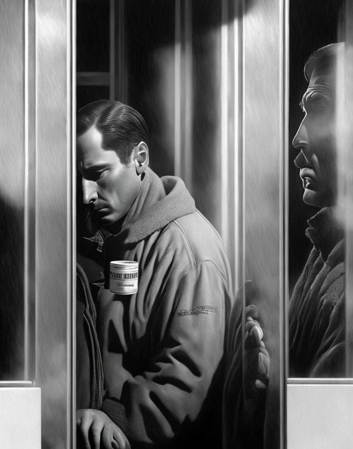 Monochrome artwork depicts two men in jail cell scene