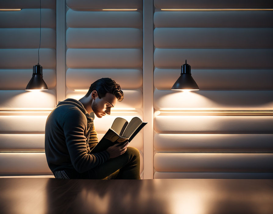 Person reading book under pendant lights by window with horizontal blinds