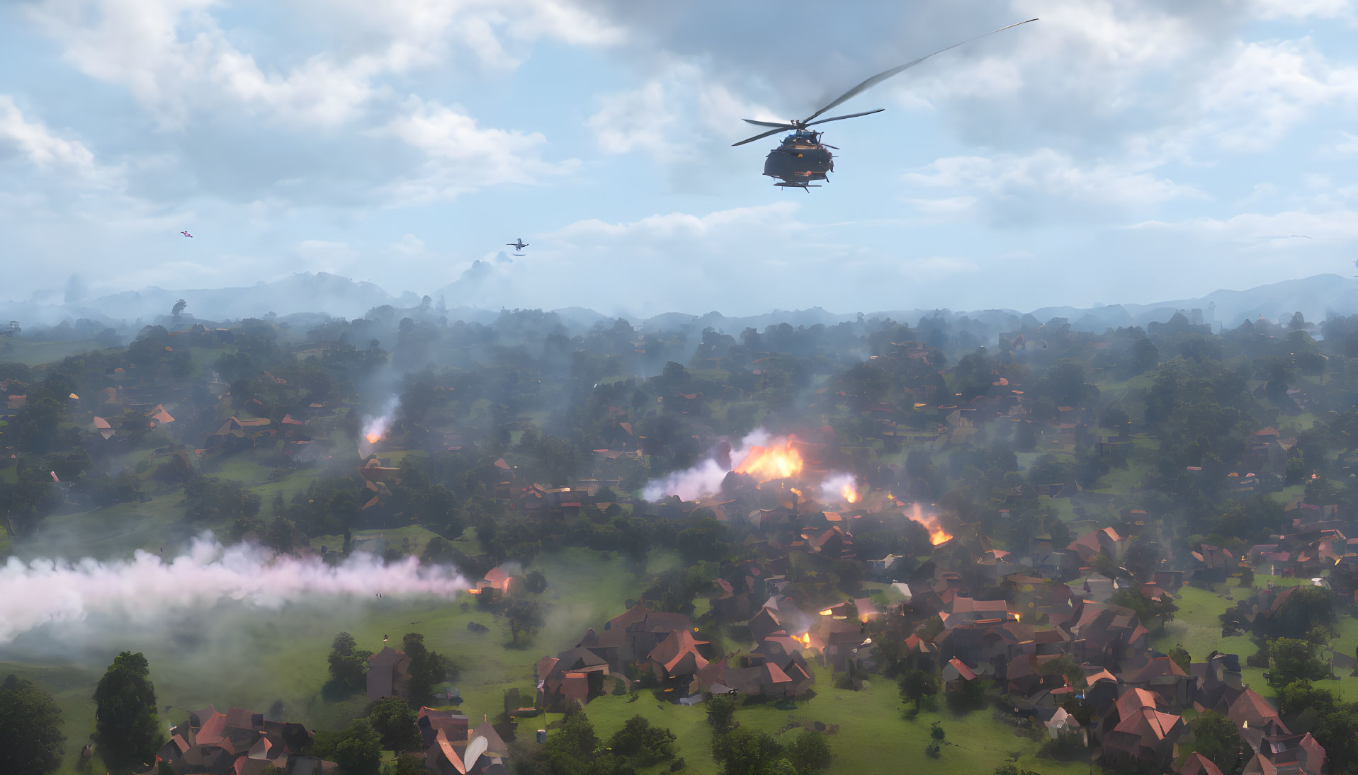 Helicopter flying over burning village 