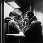 Monochrome illustration of man lighting cigarette in front of bathroom mirror