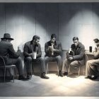 Monochromatic vintage attire men circle coffee scene