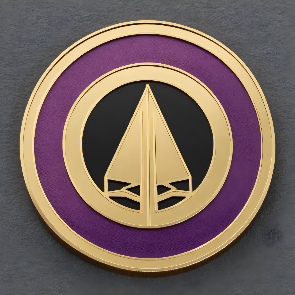 Circular Emblem: Golden Border, Purple Background, Gold & Black Stylized Triangle