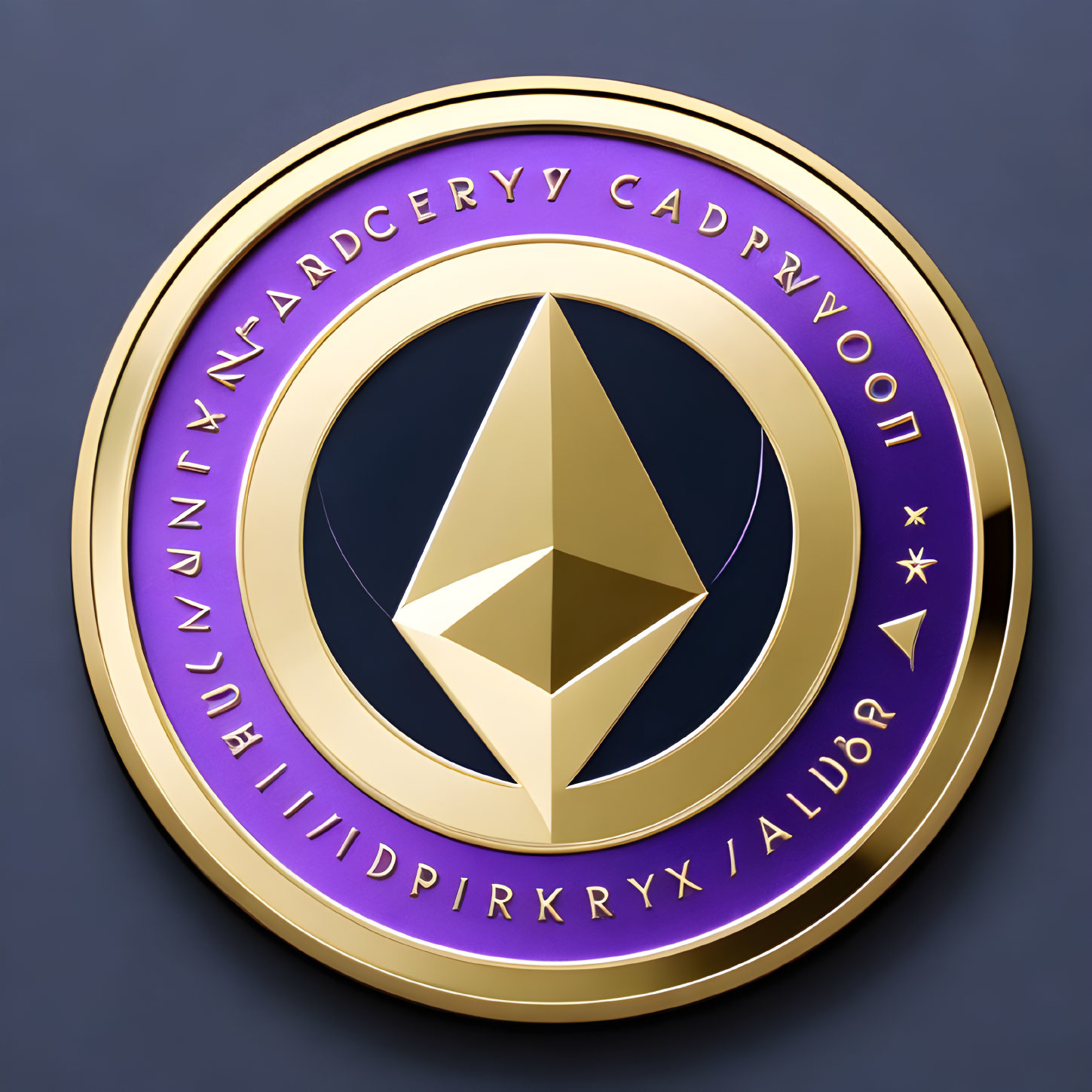 Golden Ethereum Coin with Logo on Grey Background